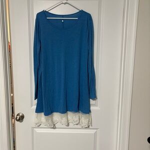 Blue Long Sleeve Top with Lace Hem and pockets-5x